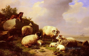 Eugene Joseph Verboeckhoven Painting - Guarding The Flock By The Coast Eugene Verboeckhoven animal sheep